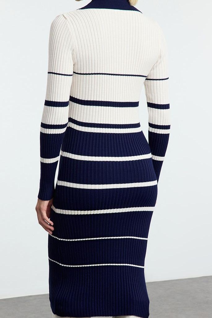 Moda Stil Slim Polo Yaka Midi Boy Triko Renk Bloklu Çizgili Elbise