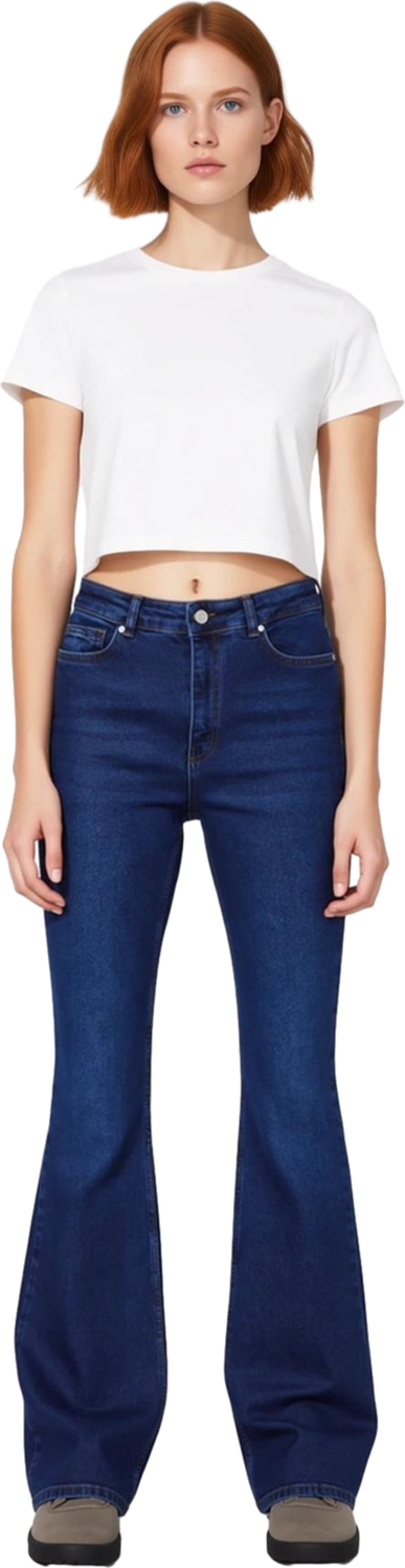 Kadın Yüksek Bel Flare Denim Pantolon Koyu Fonksiyonel Dayanıklı Kaliteli Konforlu Estetik