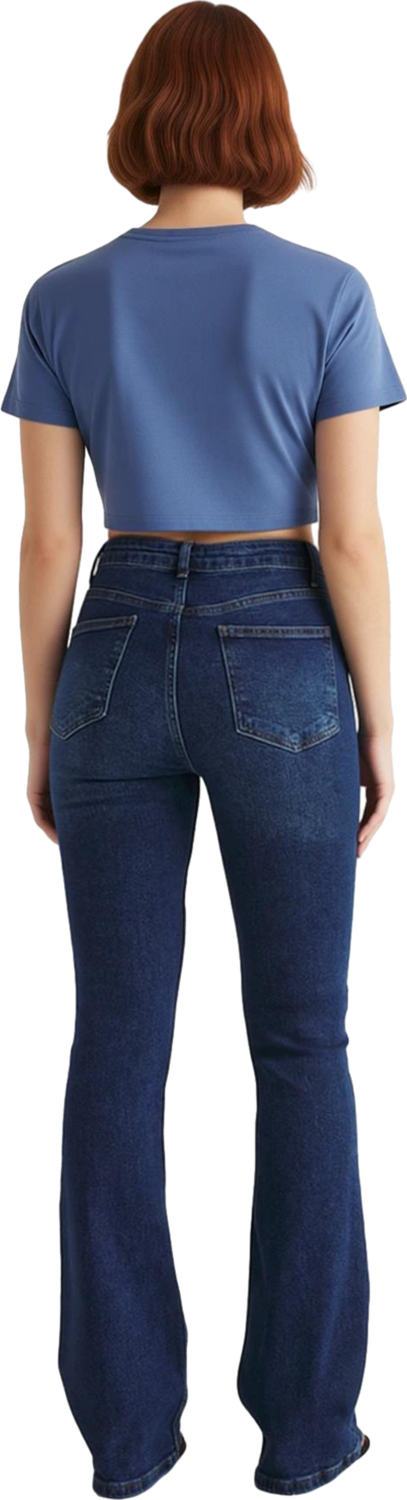 Kadın Yüksek Bel Flare Denim Pantolon Koyu Fonksiyonel Dayanıklı Kaliteli Konforlu Estetik