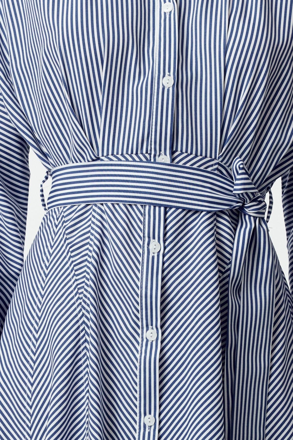Moda Stil Regular Gömlek Yaka Midi Boy Kuşaklı Çizgili Dokuma Gömlek Elbise