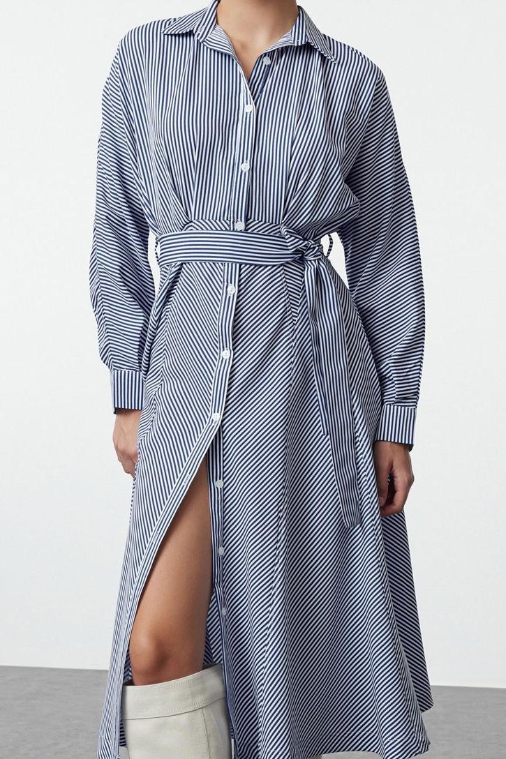 Moda Stil Regular Gömlek Yaka Midi Boy Kuşaklı Çizgili Dokuma Gömlek Elbise