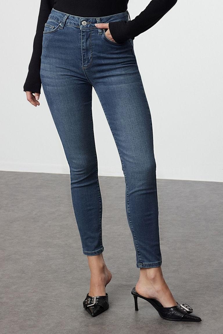 Stil Kadın Moda Denim Kot Pantolon Regular Dar Paça Mavi Yüksek Bel Skinny Jeans