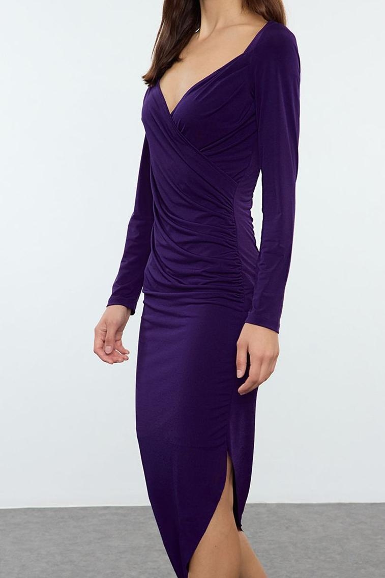 Moda Stil Slim Kalp Yaka Midi Boy Düz Büzgü Drapeli Asimetrik Fitted Vücuda Oturan Örme Elbise