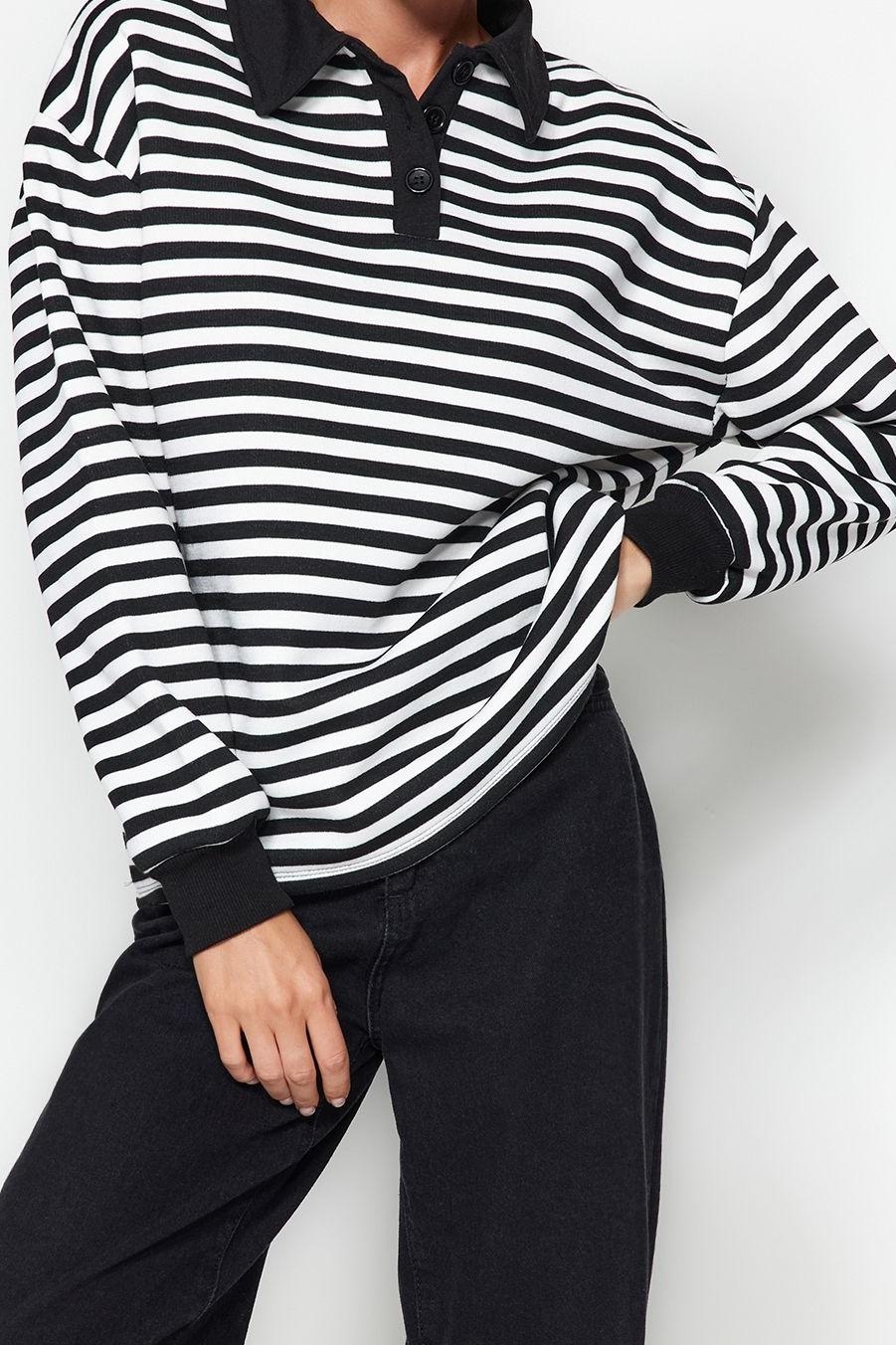 Tarz Oversize Polo Yaka Düşük Kol Regular Çizgili Polo Yaka Kalın İçi Polarlı Örme Sweatshirt