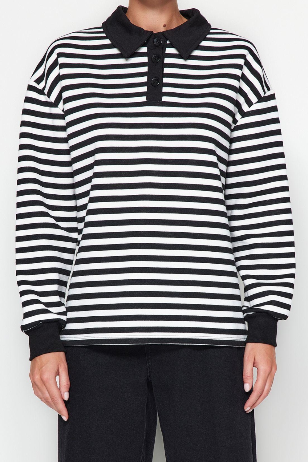 Tarz Oversize Polo Yaka Düşük Kol Regular Çizgili Polo Yaka Kalın İçi Polarlı Örme Sweatshirt