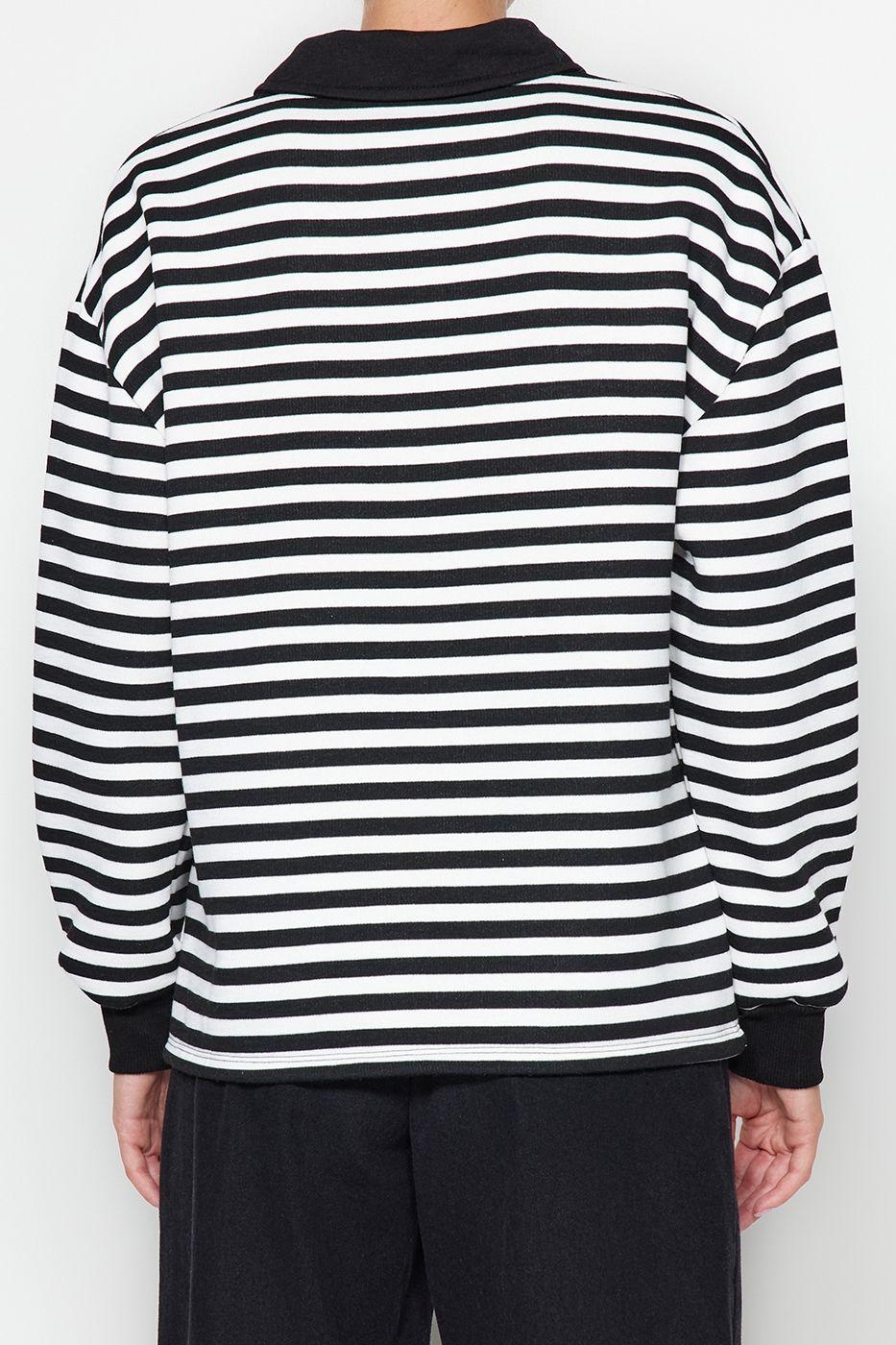 Tarz Oversize Polo Yaka Düşük Kol Regular Çizgili Polo Yaka Kalın İçi Polarlı Örme Sweatshirt