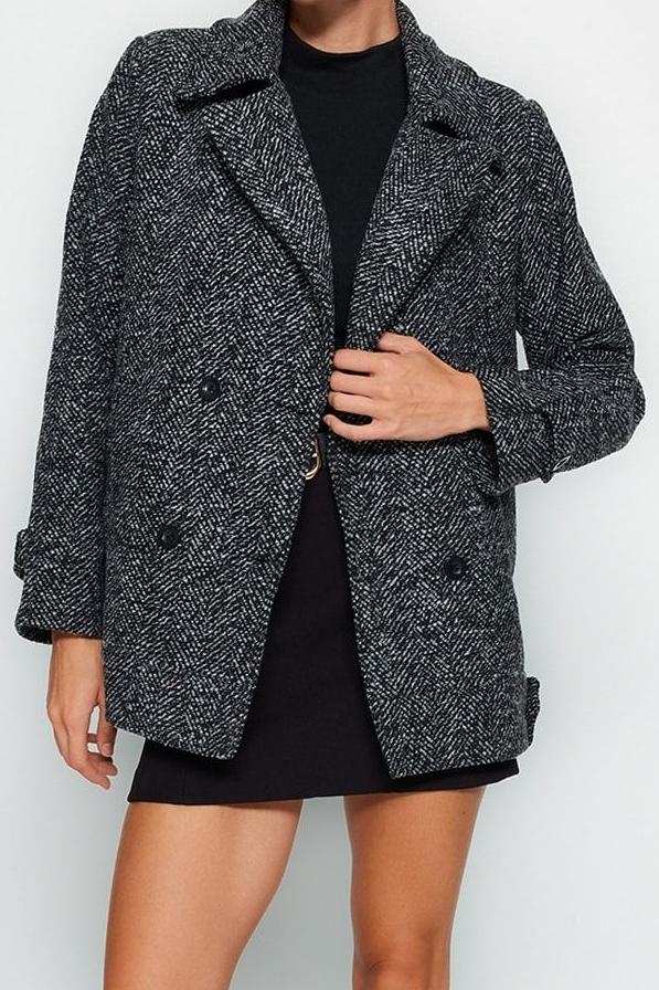 Tasarım Kırçıllı Astarlı Yaka Midi Oversize Ceket Kadın Oversize Geniş Kesim Kırçıllı Kaşe Kaban