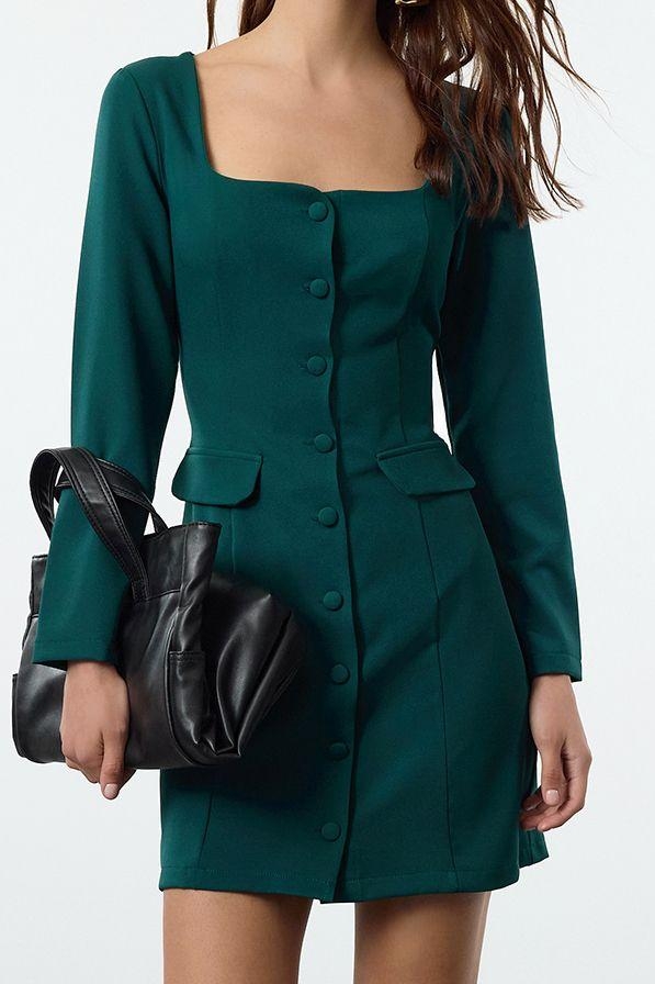 Moda Stil Regular Kare Yaka Mini Boy Cep Detaylı Dokuma Ceket Elbise
