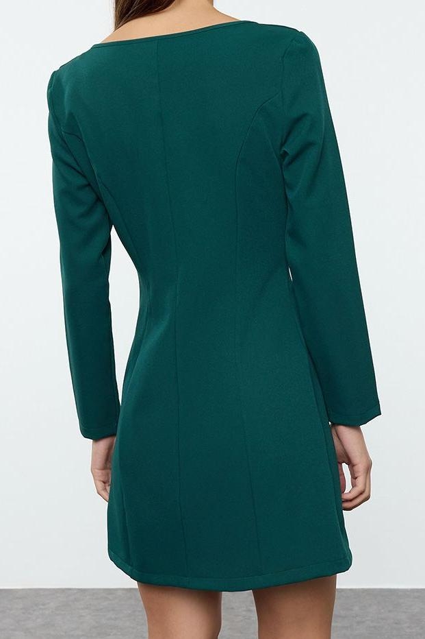 Moda Stil Regular Kare Yaka Mini Boy Cep Detaylı Dokuma Ceket Elbise