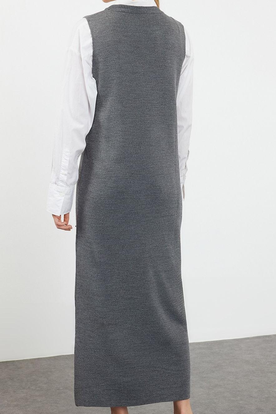 Moda Stil Regular Bisiklet Yaka Uzun Tesettür İncili Triko Elbise