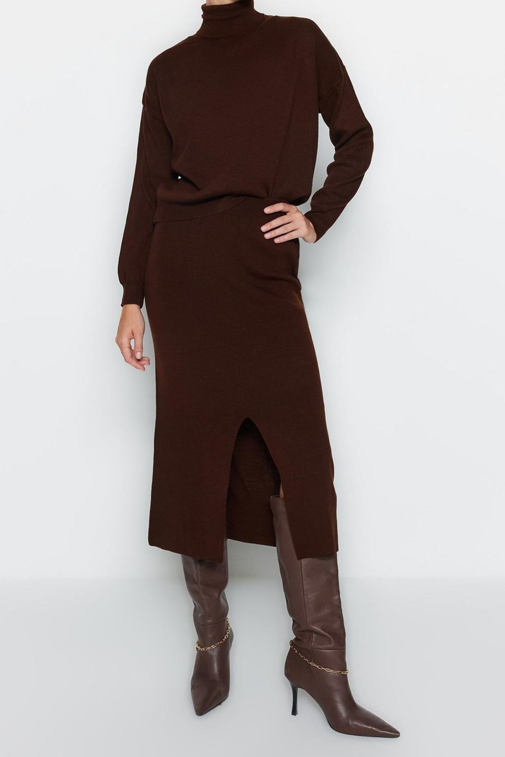 Tarz Kadın Modern Moda Normal Bel Boru Paça Balıkçı Yaka Balıkçı Yaka Triko Etekli Alt-Üst Takım