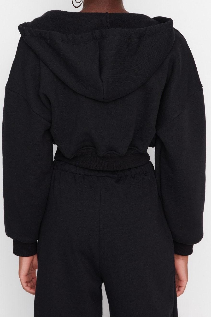 Relaxed Kapüşonlu Düşük Kol Crop Kalın İçi Polarlı V Yaka Rahat Kesim Crop Örme Sweatshirt