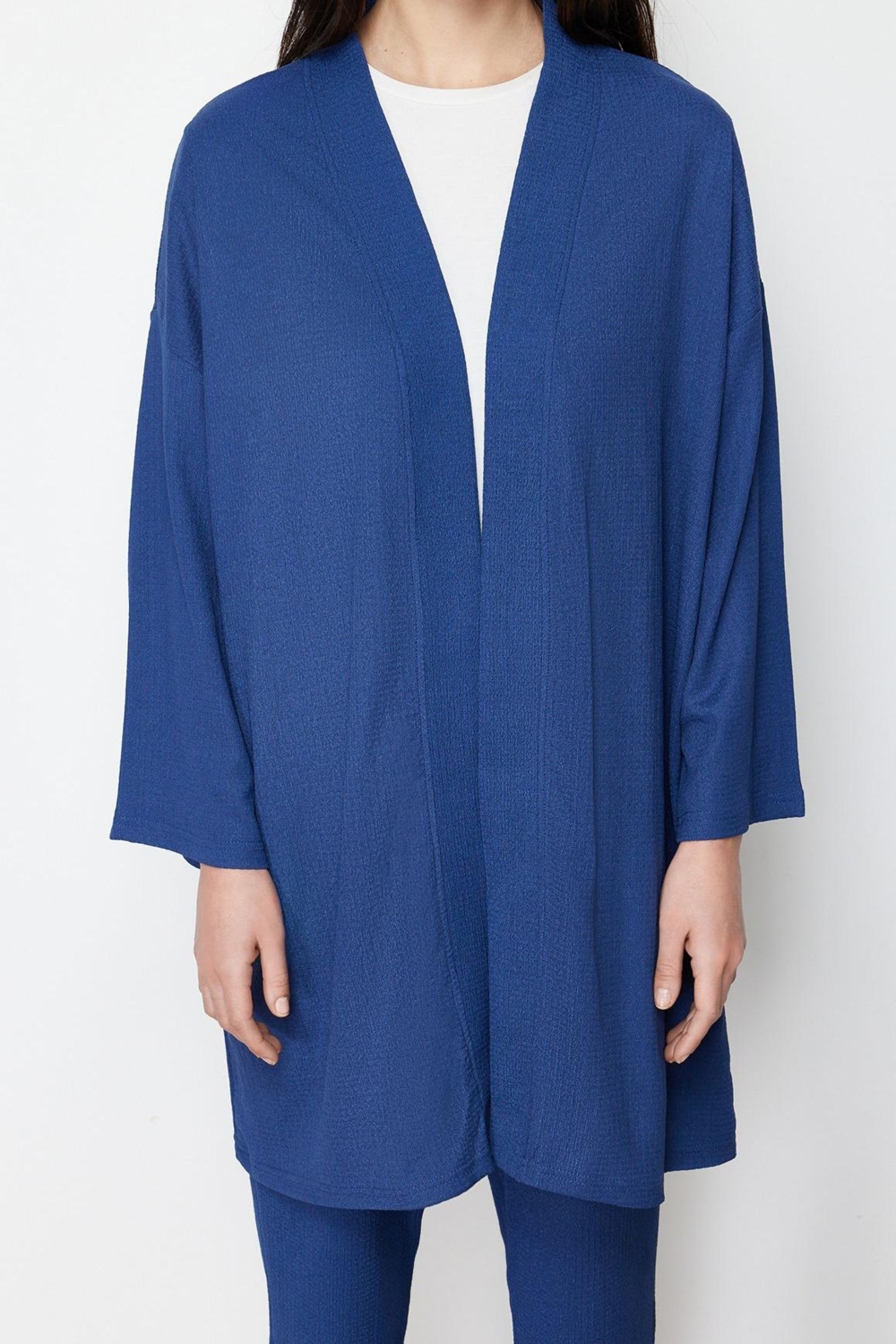 Tarz Kadın Normal Bel Boru Paça V Yaka Oversize Dokulu Bürümcük Örme Kimono Pantolon Alt-Üst Takım
