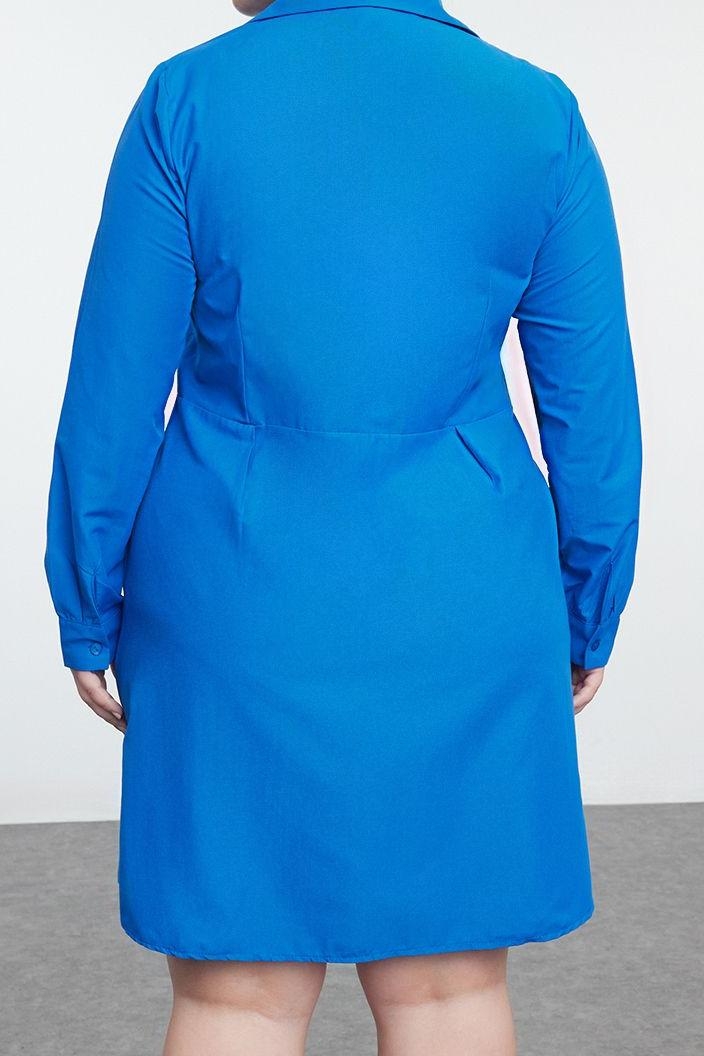 Moda Stil Fitted Bisiklet Yaka Mini Boy Büyük Beden İç Göstermeyen Dokuma Büyük Beden Gömlek Elbise