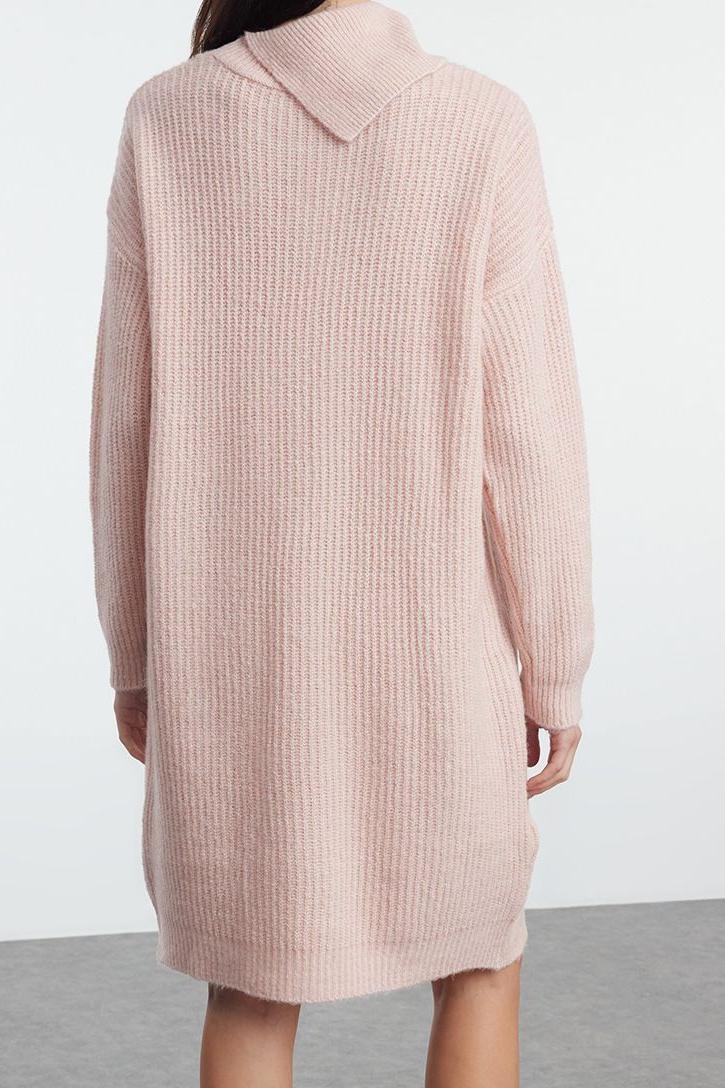 Moda Stil Regular Devrik Yaka Mini Boy Triko Yumuşak Dokulu Elbise