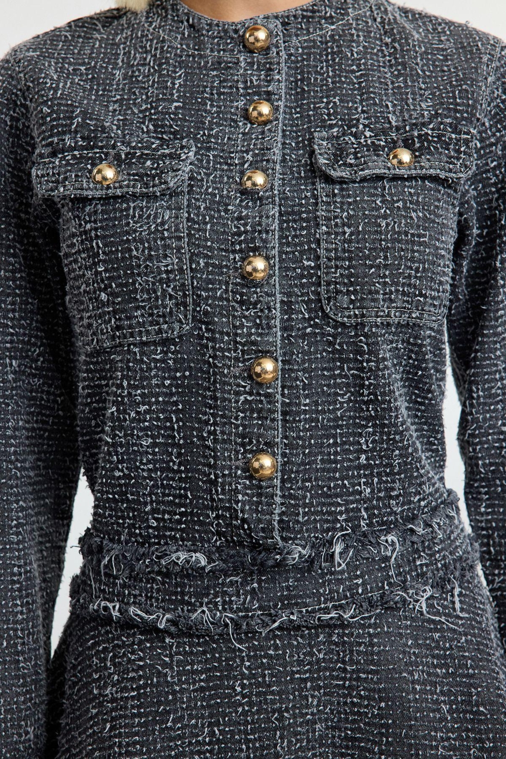 Moda Stil Denim Bisiklet Yaka Mini Boy Cep Detaylı Elbise