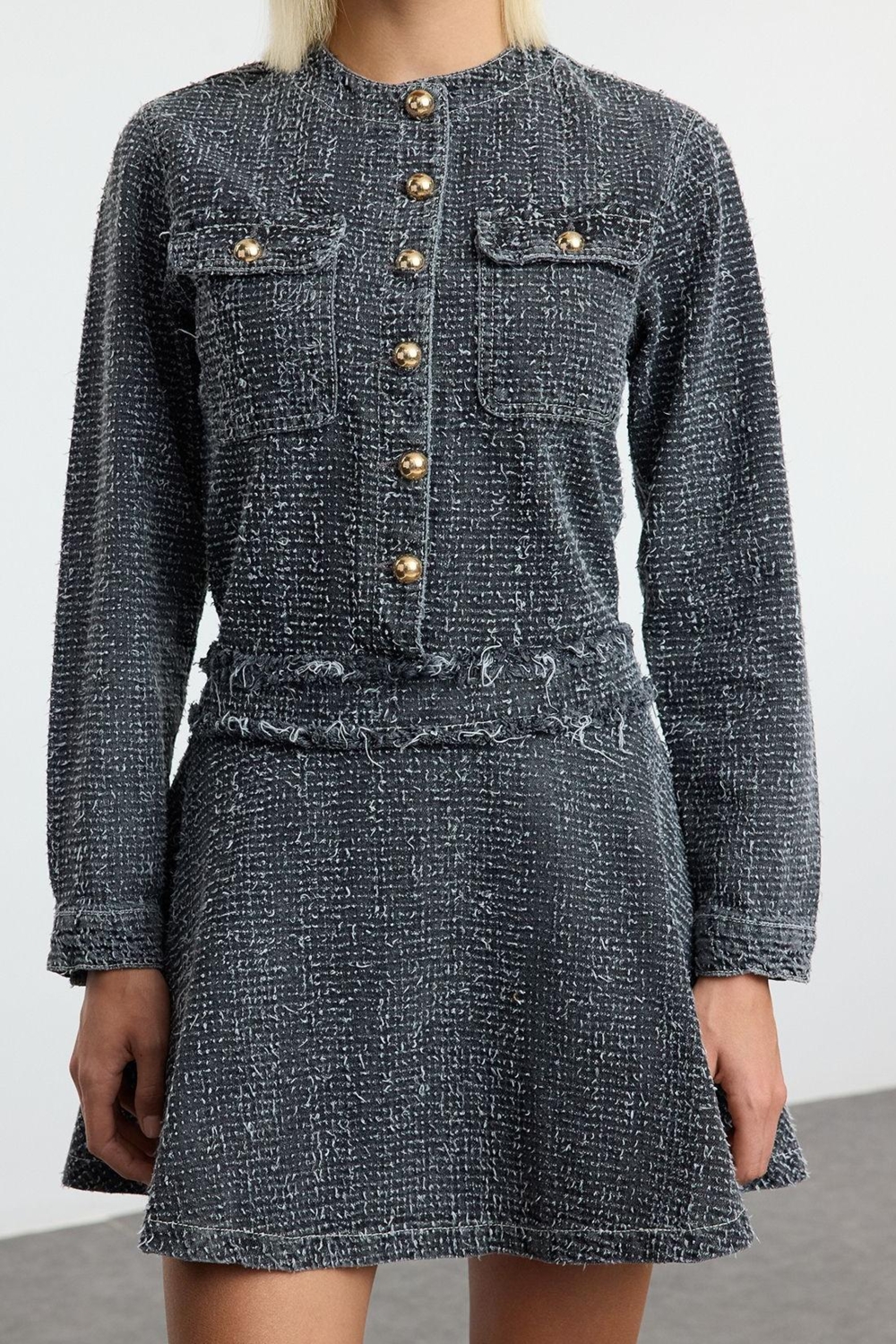 Moda Stil Denim Bisiklet Yaka Mini Boy Cep Detaylı Elbise