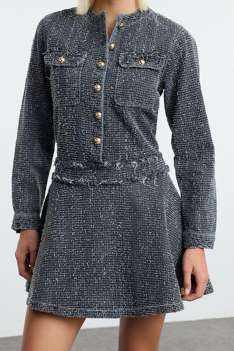 Moda Stil Denim Bisiklet Yaka Mini Boy Cep Detaylı Elbise