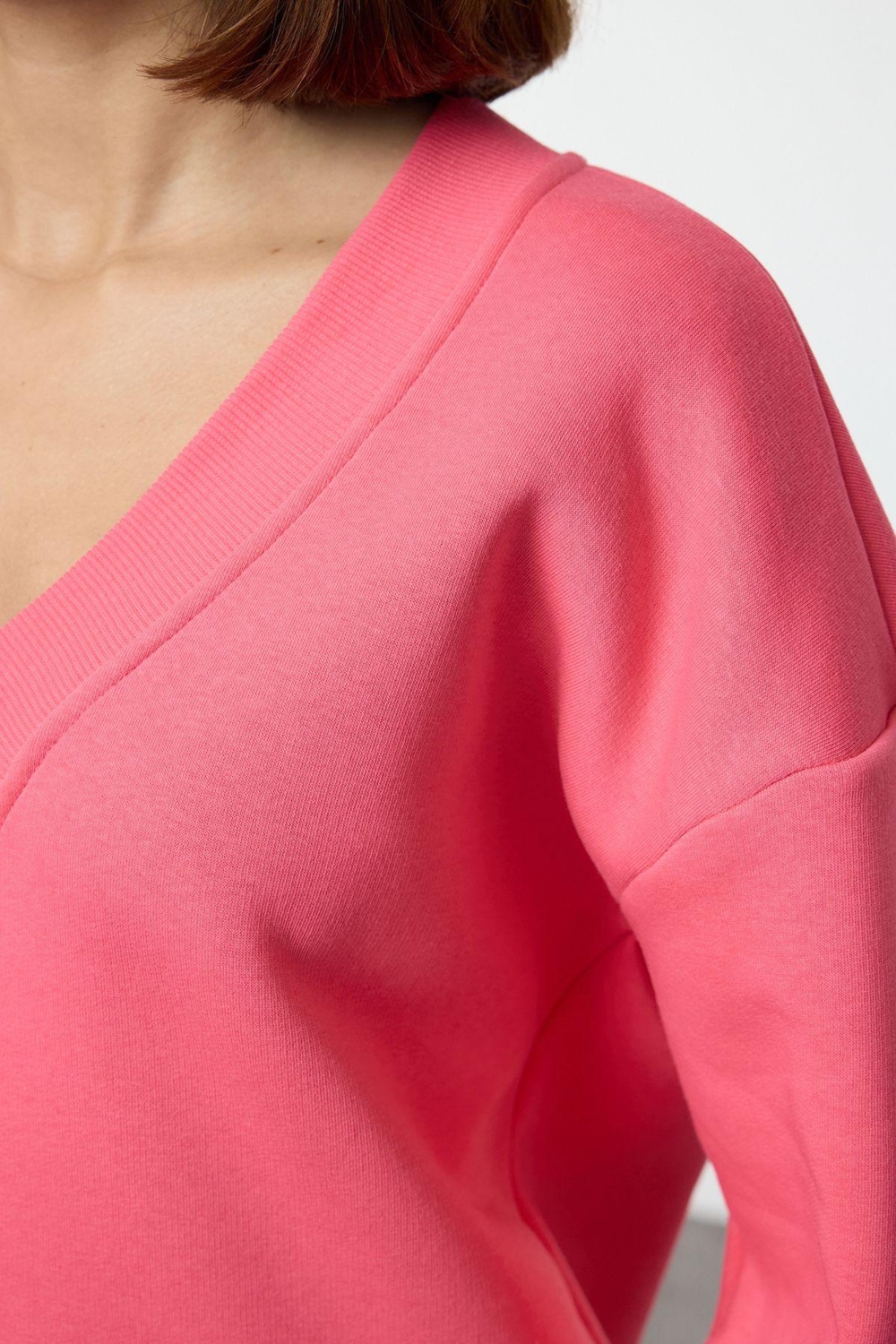 Regular V Yaka Düşük Kol Regular Basic Normal Kalıp V yaka Kalın İçi Polarlı Örme Sweatshirt