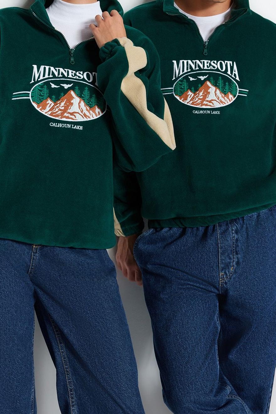 Unisex Tarz Oversize Dik Yaka Standart Kol Standart Geniş Kesim Fermuarlı Polar Sweatshirt
