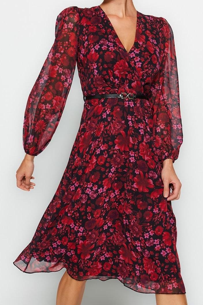 Moda Stil Regular Kruvaze Midi Boy Kemerli A Kesim Yaka Desenli Şifon Dokuma Elbise
