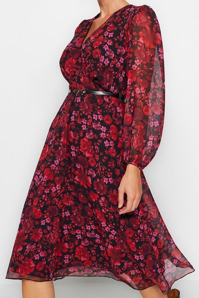 Moda Stil Regular Kruvaze Midi Boy Kemerli A Kesim Yaka Desenli Şifon Dokuma Elbise