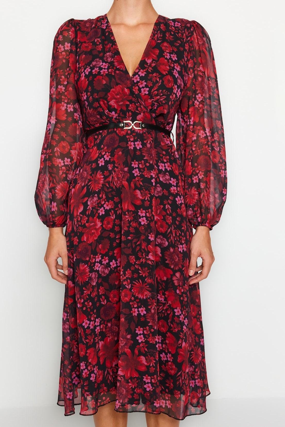 Moda Stil Regular Kruvaze Midi Boy Kemerli A Kesim Yaka Desenli Şifon Dokuma Elbise