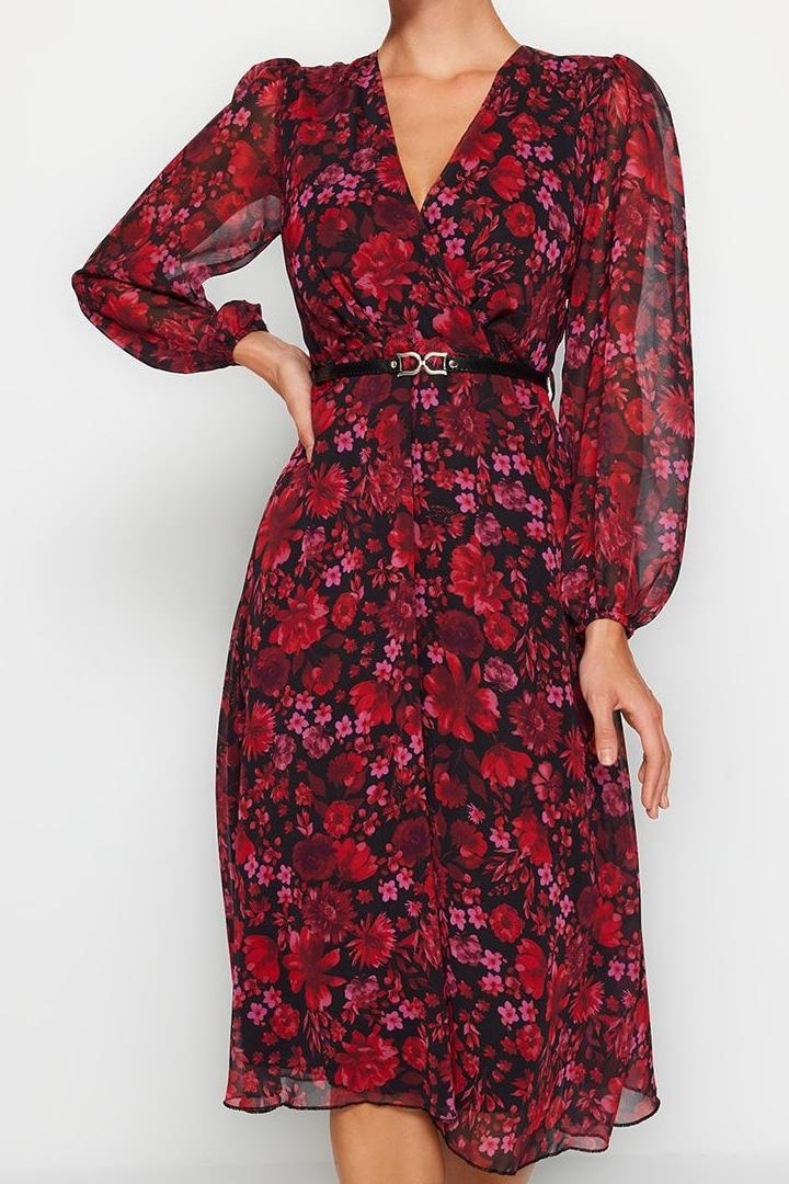 Moda Stil Regular Kruvaze Midi Boy Kemerli A Kesim Yaka Desenli Şifon Dokuma Elbise