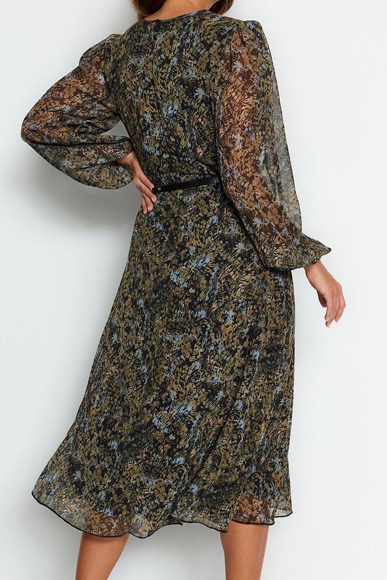 Moda Stil Regular Kruvaze Midi Boy Kemerli A Kesim Yaka Desenli Şifon Dokuma Elbise