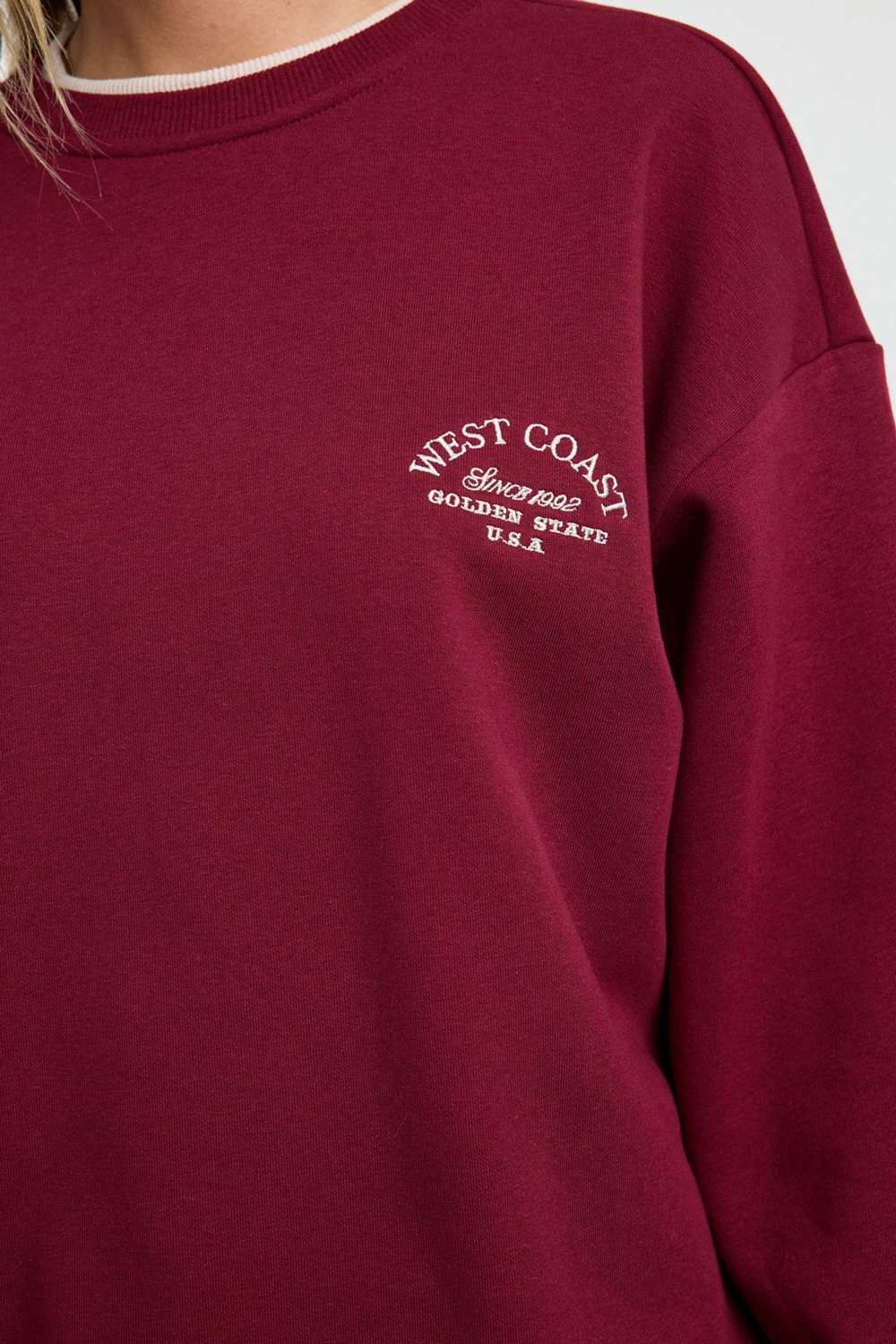 Tarz Bol Bisiklet Yaka Düşük Kol Uzun Slogan Nakışlı Kalıp Kalın İçi Polarlı Örme Sweatshirt