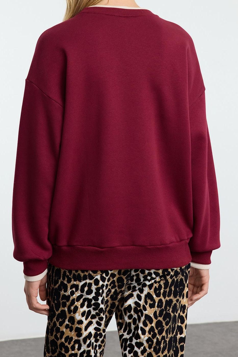 Tarz Bol Bisiklet Yaka Düşük Kol Uzun Slogan Nakışlı Kalıp Kalın İçi Polarlı Örme Sweatshirt