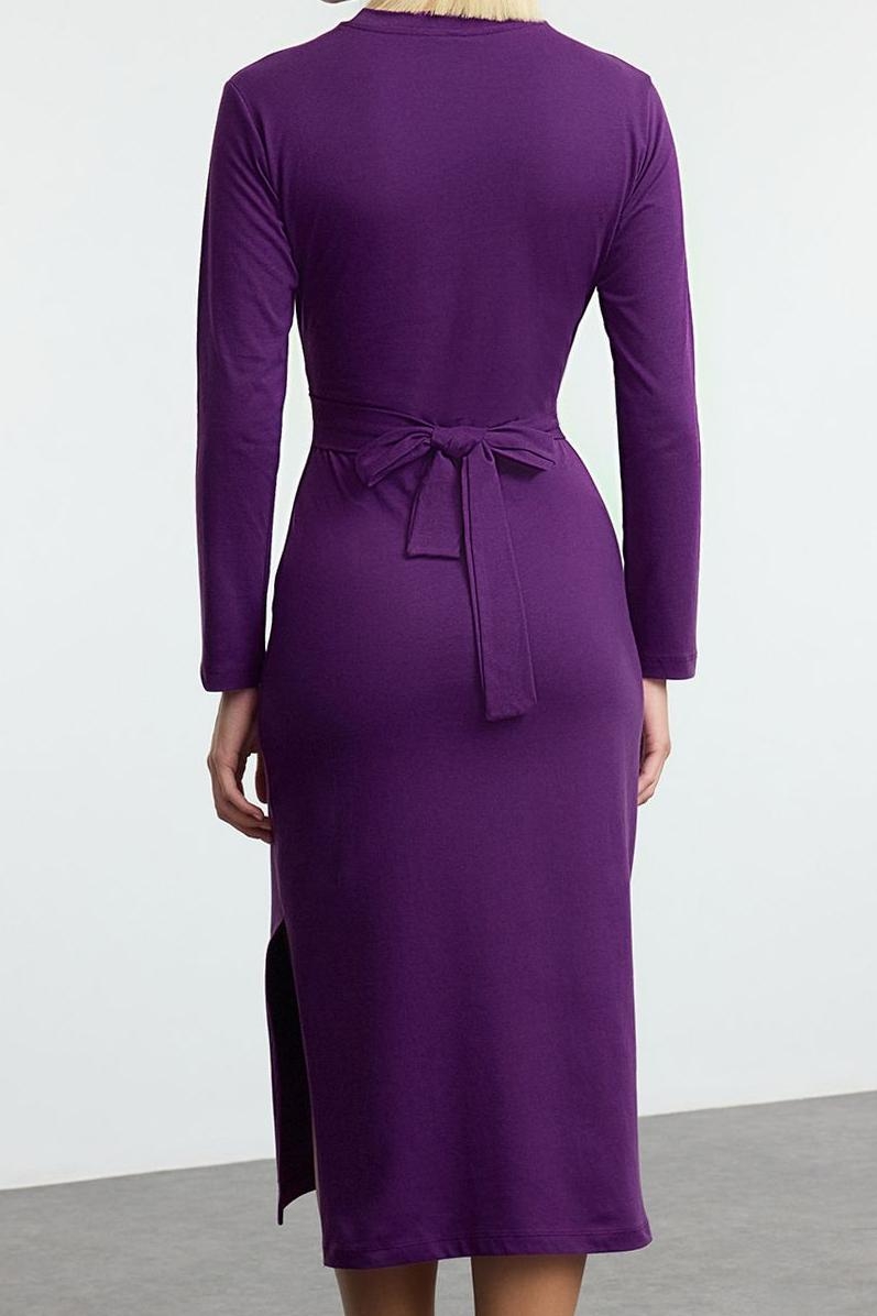 Moda Stil Slim Bisiklet Yaka Midi Boy %100 Pamuk Bağlama Detaylı Vücuda Oturan Örme Elbise
