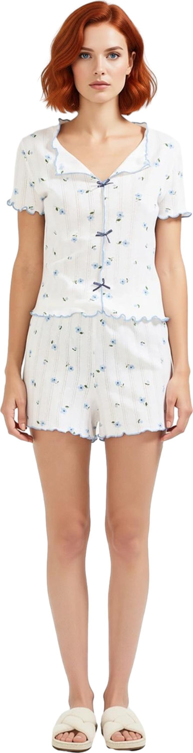 Kadın Çiçekli V Yaka Kısa Kollu Şortlu Pijama Takımı Fonksiyonel Dayanıklı Kaliteli Modern
