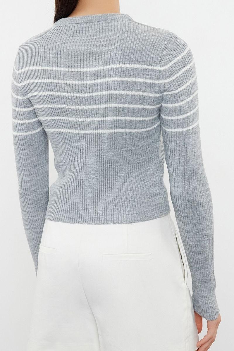 Stil Modern Kadın Crop Standart Kol Bisiklet Yaka Çizgili Triko Kazak