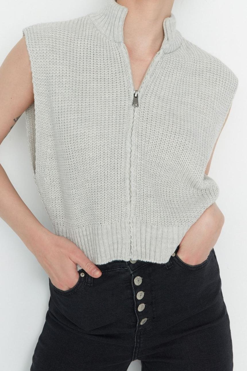Stil Modern Kadın Crop Standart Kol Dik Yaka Fermuarlı Basic Triko Yelek