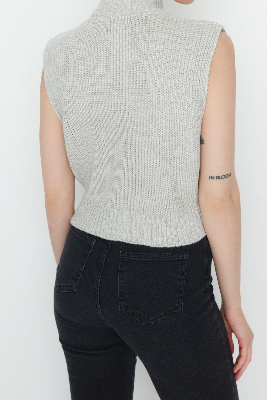 Stil Modern Kadın Crop Standart Kol Dik Yaka Fermuarlı Basic Triko Yelek