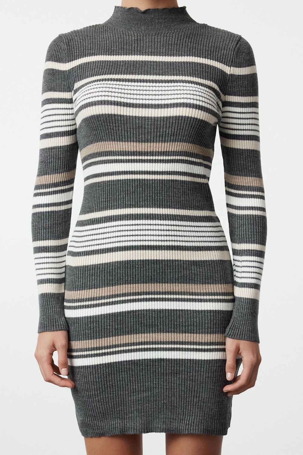 Moda Stil Regular Dik Yaka Mini Boy Triko Renk Bloklu Elbise