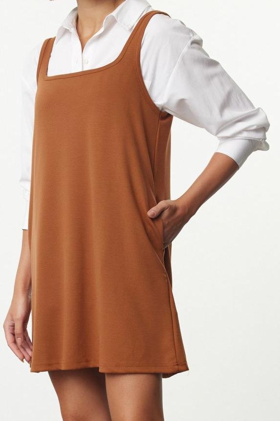 Moda Stil Relaxed Kare Yaka Mini Boy Jile Skater Belden Açılan Örme Elbise