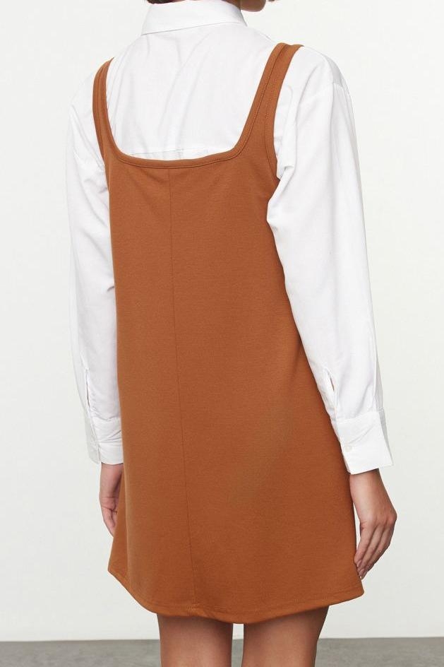 Moda Stil Relaxed Kare Yaka Mini Boy Jile Skater Belden Açılan Örme Elbise
