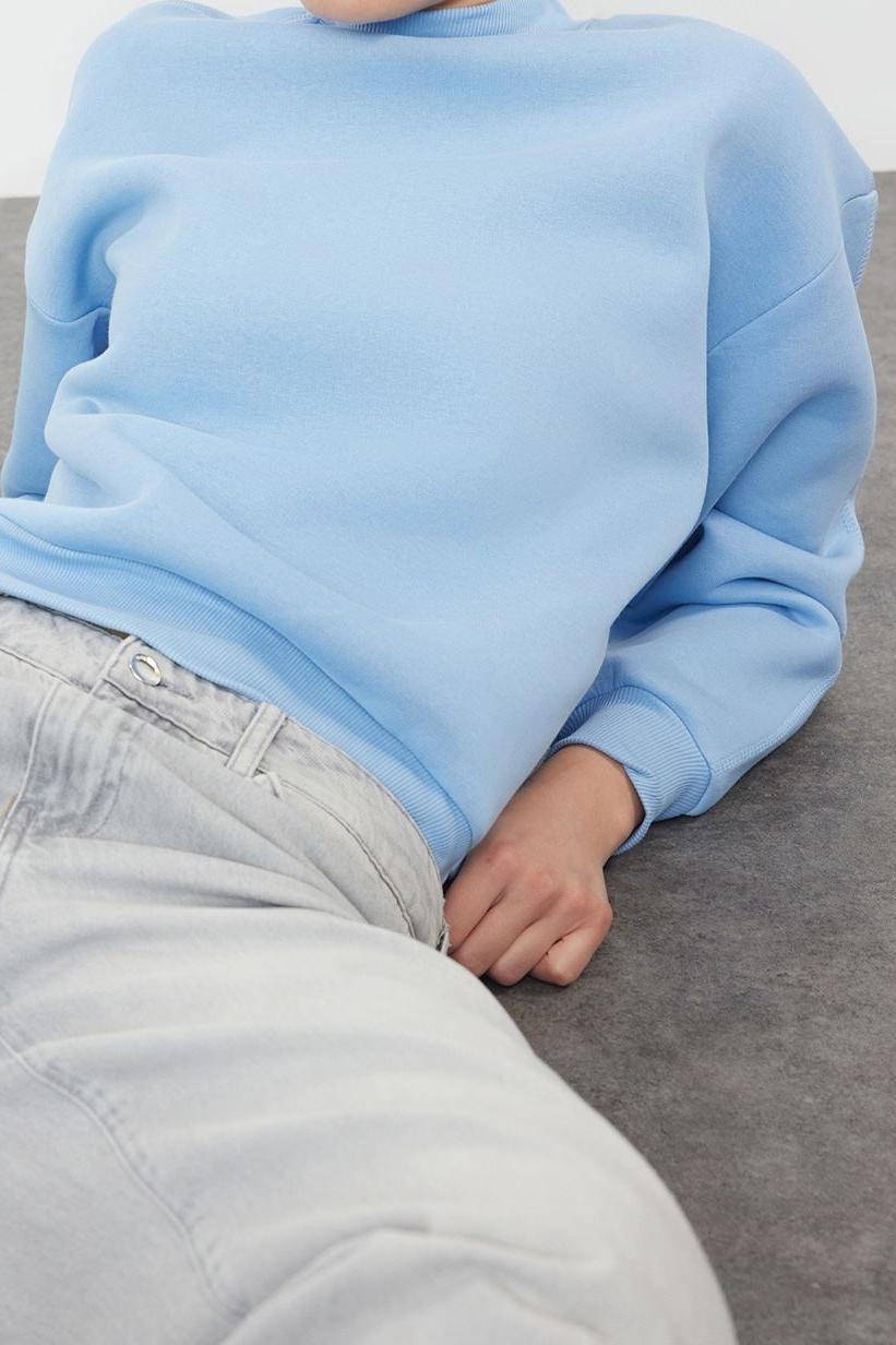 Tarz Relaxed Dik Yaka Düşük Kol Regular Kalın İçi Polarlı Rahat Kalıp Örme Sweatshirt