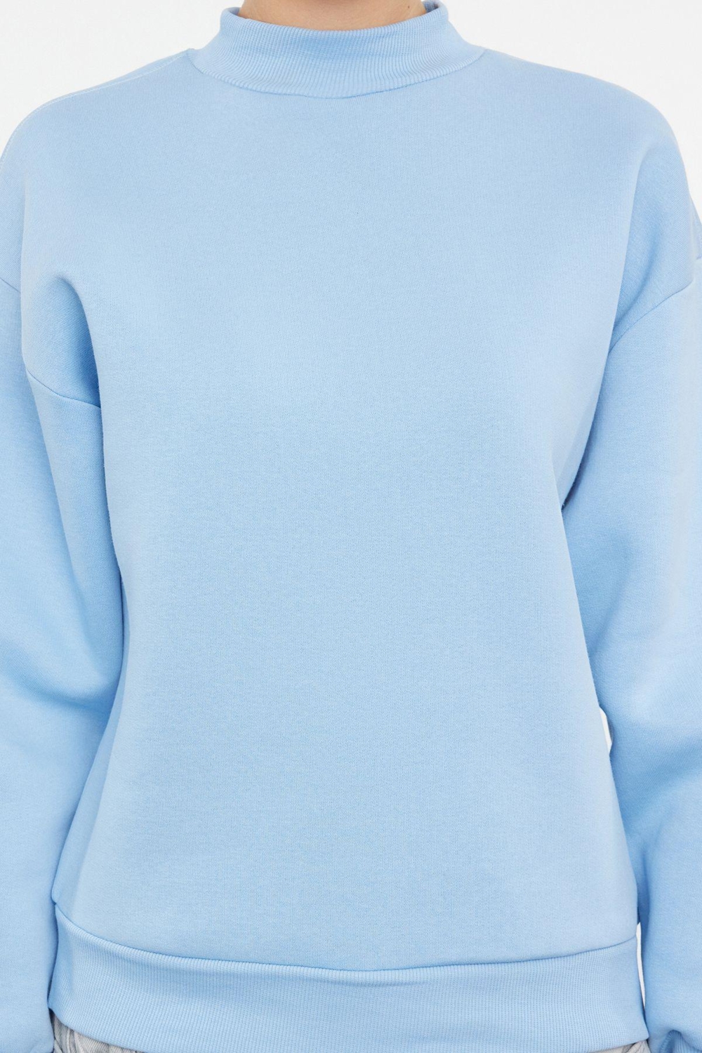 Tarz Relaxed Dik Yaka Düşük Kol Regular Kalın İçi Polarlı Rahat Kalıp Örme Sweatshirt