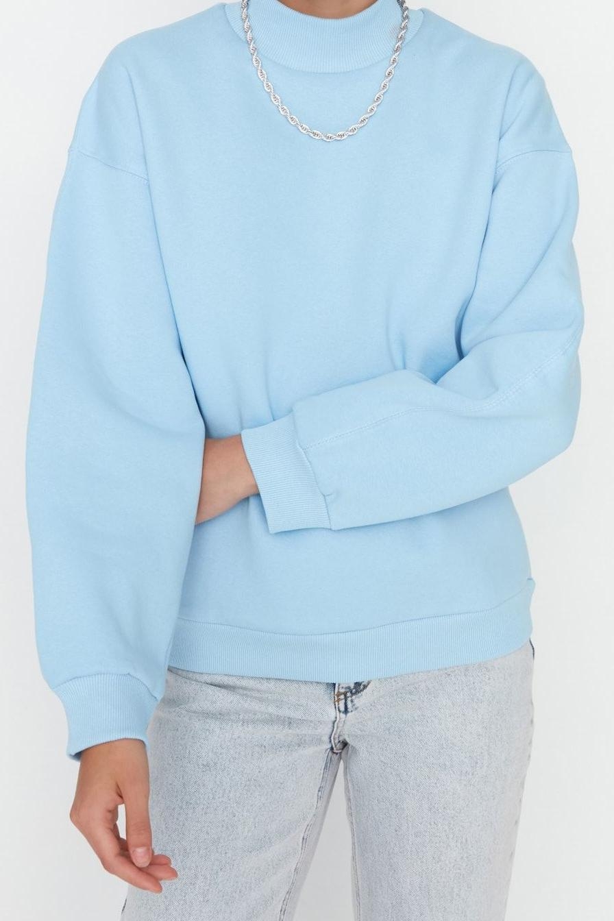Tarz Relaxed Dik Yaka Düşük Kol Regular Kalın İçi Polarlı Rahat Kalıp Örme Sweatshirt