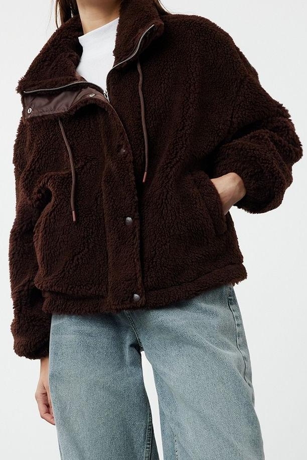 Tasarım Düz Astarlı Yaka Standart Oversize Dik Kadın Oversize Fermuarlı Peluş Mont