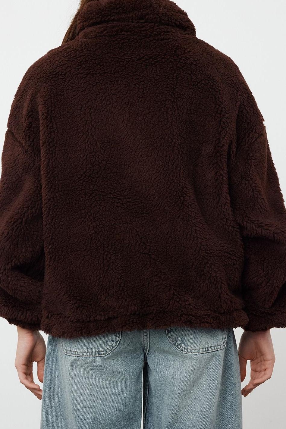 Tasarım Düz Astarlı Yaka Standart Oversize Dik Kadın Oversize Fermuarlı Peluş Mont