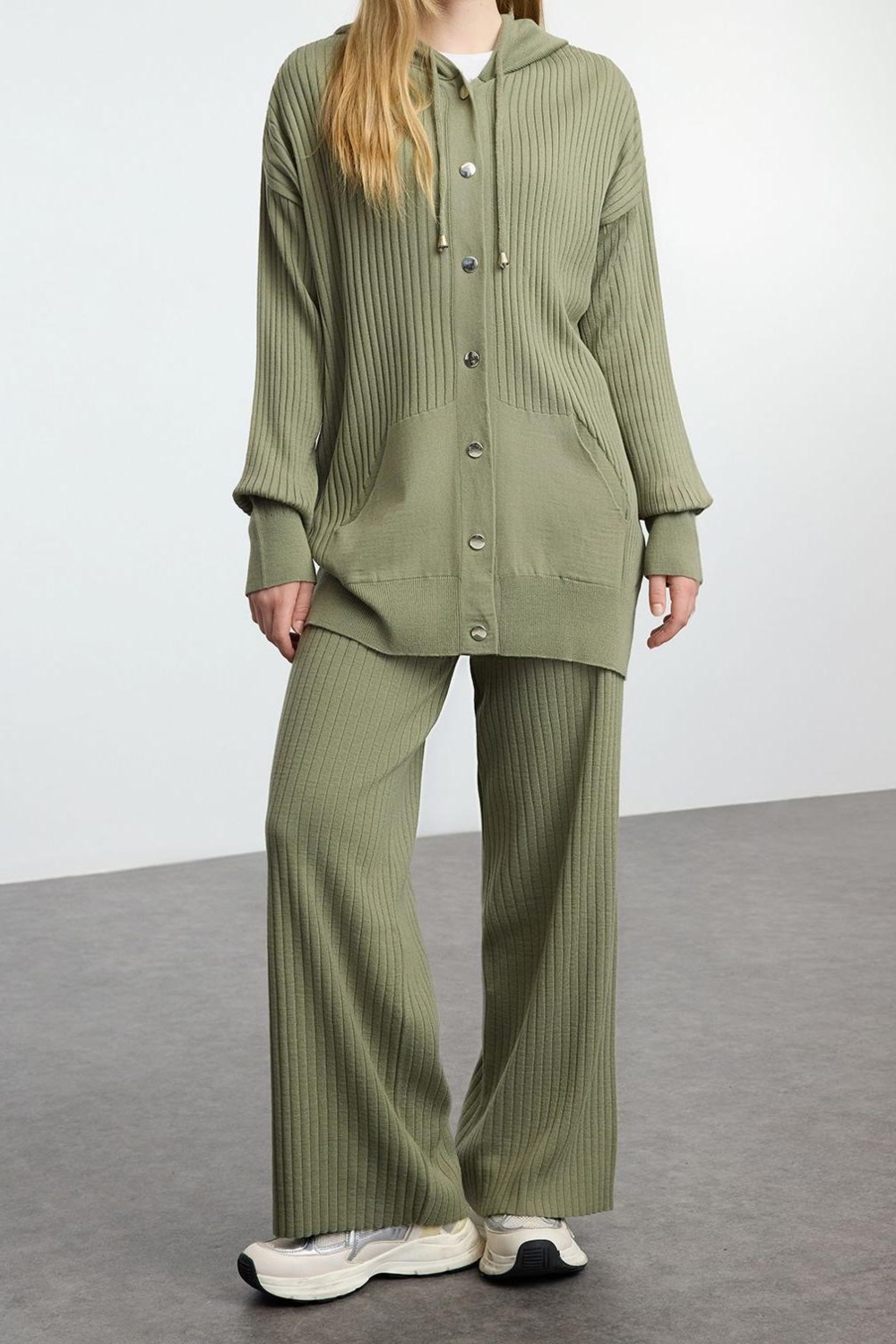 Tarz Kadın Modern Moda Normal Bel Geniş Paça Kapüşonlu Kapüşonlu Oversize Triko Alt-Üst Takım