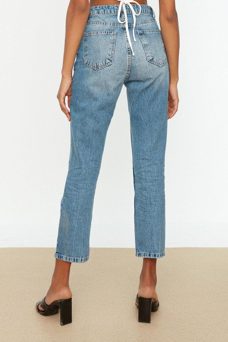 Stil Kadın Moda Denim Kot Pantolon Regular Boru Paça Mavi Yırtık Detaylı Yüksek Bel Jeans