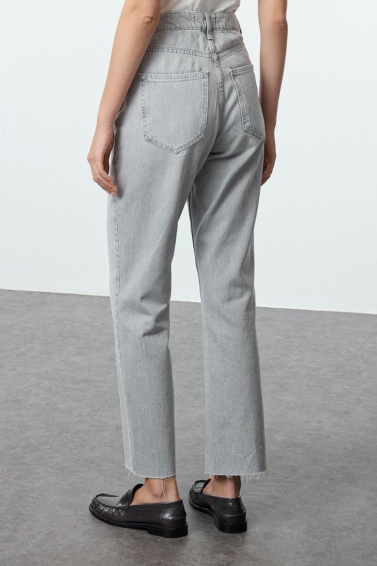 Stil Kadın Moda Denim Kot Pantolon Uzun Boru Paça Gri Yüksek Bel Straight Jeans
