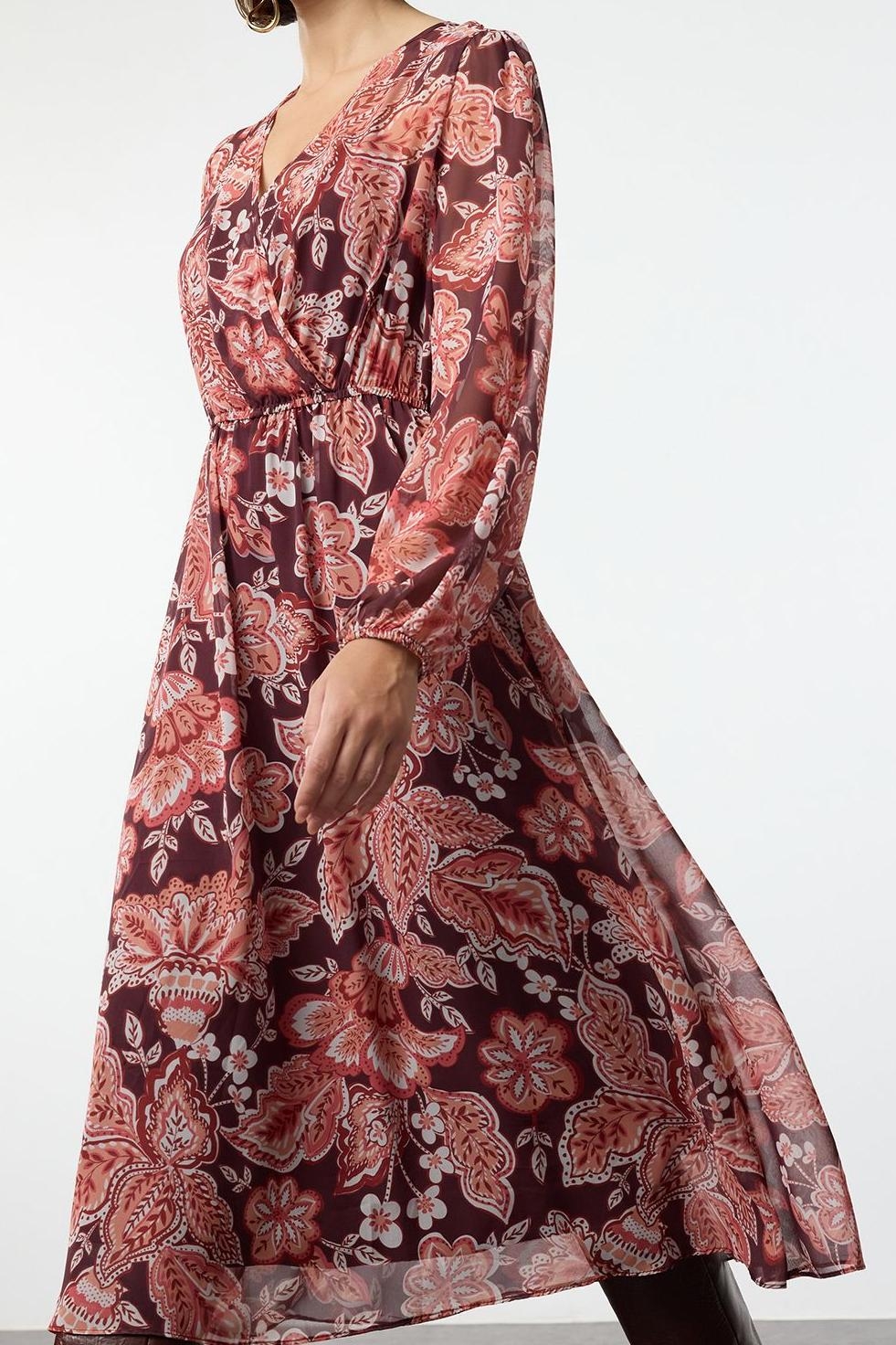 Moda Stil Relaxed Kruvaze Midi Boy Çiçekli Yaka A Kesim Şifon Astarlı Dokuma Elbise