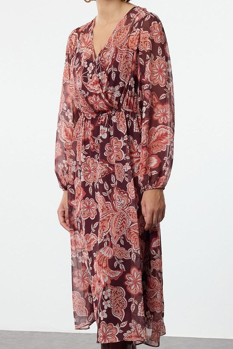 Moda Stil Relaxed Kruvaze Midi Boy Çiçekli Yaka A Kesim Şifon Astarlı Dokuma Elbise
