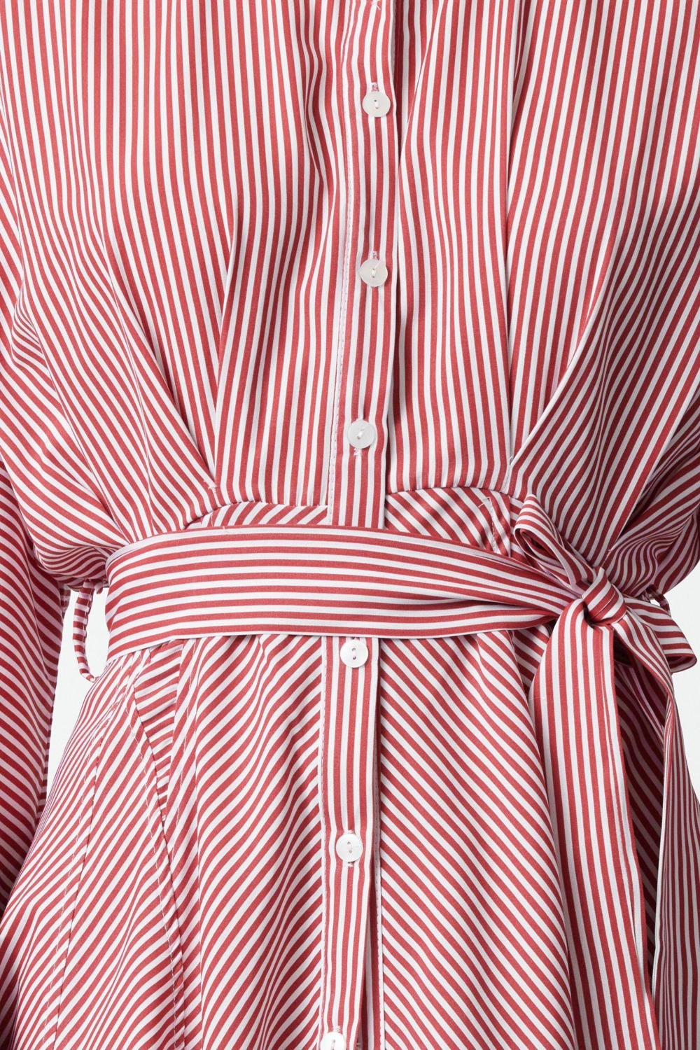 Moda Stil Regular Gömlek Yaka Mini Boy Kuşaklı Çizgili Dokuma Gömlek Elbise